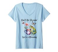Womens Don't Be Stressin' Life's a Blessing God Frog Cute Butterfly V-Neck T-Shirt