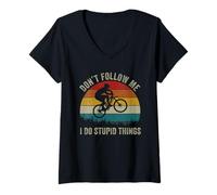 Womens Don't Follow Me I Do Stupid Things Funny Mountain Bike MTB V-Neck T-Shirt