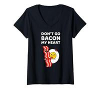 Women's Don't Go Bacon My Heart Cute Bacon and Egg Food Pun V-Neck T-Shirt