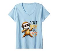 Women's Don't Hurry Be Happy Sloth Sunglasses Relaxed Animal V-Neck T-Shirt