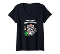 Womens Don't Judge My Passions Funny Coffee Lover Racoon Caffeine V-Neck T-Shirt