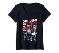 Womens Don't Judge My Pitbull Dog Lovers Funny Quote Casual Vibes V-Neck T-Shirt