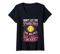Women's Don't Let The Pretty Face Fool You I'm A Softball Beast V-Neck T-Shirt