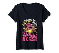 Women's Don't Let The Pretty Face Fool You I'm A Softball Beast V-Neck T-Shirt