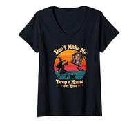 Women's Dont Make Me Drop a House on You Halloween Comic Strip V-Neck T-Shirt