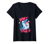 Womens Don't Panic! Weird Whale Comic Style Illustration V-Neck T-Shirt