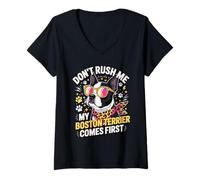 Women's Don't Rush Me My Boston Terrier Comes First Quote V-Neck T-Shirt