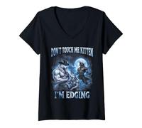 Women's Don't Touch Me Kitten I'm Edging Cool Funny Alpha Wolf Meme V-Neck T-Shirt