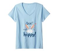 Women's Don't Worry Be Hoppy Cute Bunny Rabbit Positive Design V-Neck T-Shirt