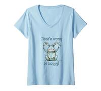 Women's Don't Worry Be Hoppy Happy Bunny Pun Rabbit Lover V-Neck T-Shirt
