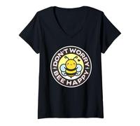 Women's Don't Worry Bee Happy Bumblebee Punny Pun Cute Kawaii Bee V-Neck T-Shirt