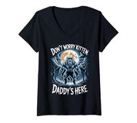 Womens Don't Worry Kitten Daddy's Here Funny Alpha Wolf Meme V-Neck T-Shirt