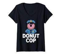 Womens Donut COP Cartoon Donut with Police Uniform Funny Pun V-Neck T-Shirt