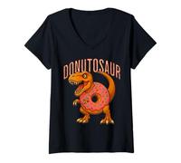 Womens 'Donut-osaur' Dinosaur Cartoon s Funny Doughnut Sprinkle V-Neck T-Shirt