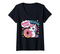 Womens Donut Stop Believin Unicorn Kawaii Cute Food Pun V-Neck T-Shirt