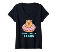 Women's Donut Worry Be Capy Funny Cute Animal Lover Capybara V-Neck T-Shirt