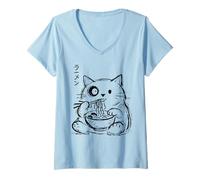 Women's Doodle Cat Eating Ramen Minimalist Hand Drawn V-Neck T-Shirt