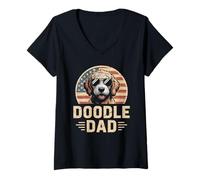 Womens Doodle Dad Cute Labradoodle Goldendoodle American Flag V-Neck T-Shirt