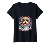 Womens Doodle Mama Cute Dog Mom Floral Graphic V-Neck T-Shirt