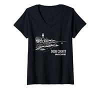 Women's Door County Wisconsin Lighthouse Illustration Souvenir V-Neck T-Shirt