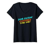 Womens Door-Kicking Challenge Viral Social Media Meme Gen Z Funny V-Neck T-Shirt