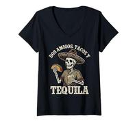 Women's Dos Amigos Tacos and Tequila, Mexican Skeleton Drinking V-Neck T-Shirt