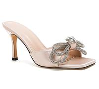 Women's Double Bow Satin Mules Square Open Toe Heeled Sandals Wedding Party Slip on Stilettos, Nude, 5.5 UK