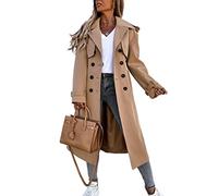 Women's Double Breasted Long Trench Coat Windproof Classic Lapel Belted Overcoat with Pockets, Khaki, Small