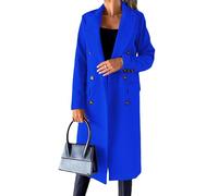 Women's Double Breasted Long Wool Trench Coat Notched Lapel Winter Coats Overcoat for Women, Dark Blue, 3XL