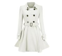 Women's Double Breasted Mid-Long Wool Trench Coats Elegant Lapel Collar Peacoat Spring Fall Dresses Coat Overcoat, White, M