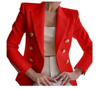 Women's Double Breasted Slim Fit Blazers Notch Lapel Work Office Suits Casual Open Front Blazer With Gold Button Womens Suit Jacket (Red, S)