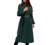 Womens Double Breasted V Neck Coat Winter Mid Length Belted Woolen Loose Coat Hooded Wool Blend Coat Women Green