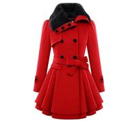 Women's Double Breasted Wool Coats Winter Long Trench Coat for Women Lapel Collar Overcoat Outerwear with Belt, Red, L