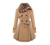 Women's Double Breasted Wool Coats Winter Long Trench Coat for Women Lapel Collar Overcoat Outerwear with Belt, Khaki, 4XL