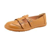 Women's Double Buckle Mary Jane Flats Hollow Out Breathable Loafers Comfortable Walking Shoes with Non-Slip Sole for Casual and Office Wear Yellow