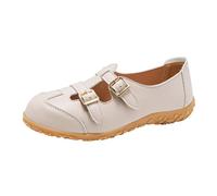 Women's Double Buckle Mary Jane Flats Hollow Out Breathable Loafers Comfortable Walking Shoes with Non-Slip Sole for Casual and Office Wear Beige