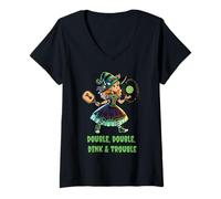 Womens Double Double Dink Trouble Funny Witch Pickleball Halloween V-Neck T-Shirt