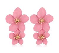 Women's Double Flower Earrings Large Statement Metal Earrings Bohemian 3D Flower Dangle Earrings Wedding Holiday Jewelry Gifts(Pink)