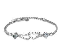 Women's Double Heart Bracelet 925 Sterling Silver Romantic Love Double Ring Women's Bracelet with Zirconia Gift Adjustable 17 + 4 cm