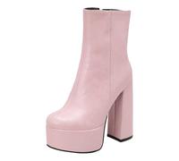 Women's Double Platform Ankle Boots Chunky Heel Booties Marble Pattern Side Zipper Square Toe High Heel Casual Boots