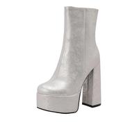 Women's Double Platform Ankle Boots Chunky Heel Booties Marble Pattern Side Zipper Square Toe High Heel Casual Boots