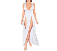 Women's Double Slit Tank Dress Sleeveless Deep V Neck Bodycon Gown Sexy High Split Maxi Party Prom Cover Up Frock (White,M)