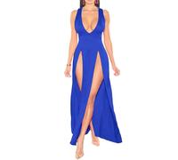 Women's Double Slit Tank Dress Sleeveless Deep V Neck Bodycon Gown Sexy High Split Maxi Party Prom Cover Up Frock (Blue,M)