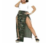 Womens Double Split Maxi Long Skirt Ladies High Waisted Plain Basic Side Slit Party Maxi Skirt (Dark Camouflage UK 12-14)