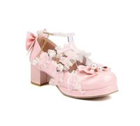 Women's Double Strap Platform Mary Janes Bow Pearl Lace Block Mid Heel Dress Pumps for Tea Party Cosplay Wedding, 2" Heels Bridal Shoes Pink