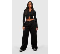 Womens Double Zip Long Sleeve Rib Top And Straight Leg Jogger Set - Black - L, Black