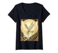 Womens Dove Bird Carrying A Sprig of Olive Christmas Design V-Neck T-Shirt