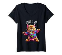 Womens Dover Delaware USA Fun Cute Colorful Dancing Cat Design V-Neck T-Shirt