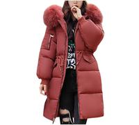 Women's Down Jacket Winter Mid-lenght Down Puffer Coats Ladies Lightweight Waterproof Jackets With Fur Hood Plus Size Slim Trench Coat Long Sleeve Warm Outwear Outdoor Hiking Jackets UK Size 10-18(Red