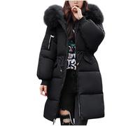 Women's Down Jacket Winter Mid-lenght Down Puffer Coats Ladies Lightweight Waterproof Jackets With Fur Hood Plus Size Slim Trench Coat Long Sleeve Warm Outwear Outdoor Hiking Jackets UK Size 10-18(Bla